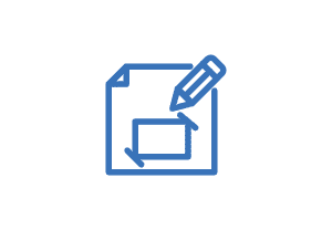 Ein blaues Symbol, das einen Entwurf oder eine Skizze mit einem Bleistift auf einem Blatt Papier darstellt.