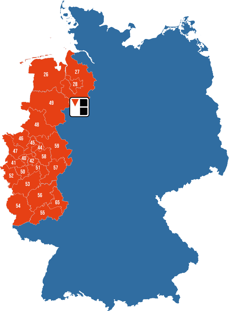 Eine Karte von Norddeutschland, die mit roten Markierungen die Postleitzahlenbereiche 26 bis 59 zeigt.
