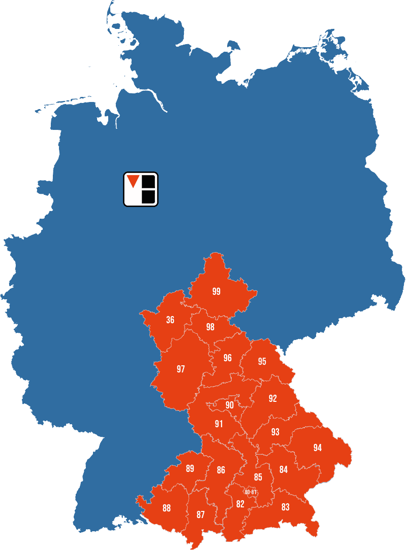 Eine Karte von Südostdeutschland, die mit roten Markierungen die Postleitzahlenbereiche 80 bis 99 zeigt.