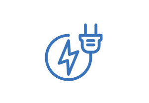 Ein blaues Symbol, das einen Stromstecker und einen Blitz in einem Kreis zeigt, was für Energie oder Elektrizität steht.